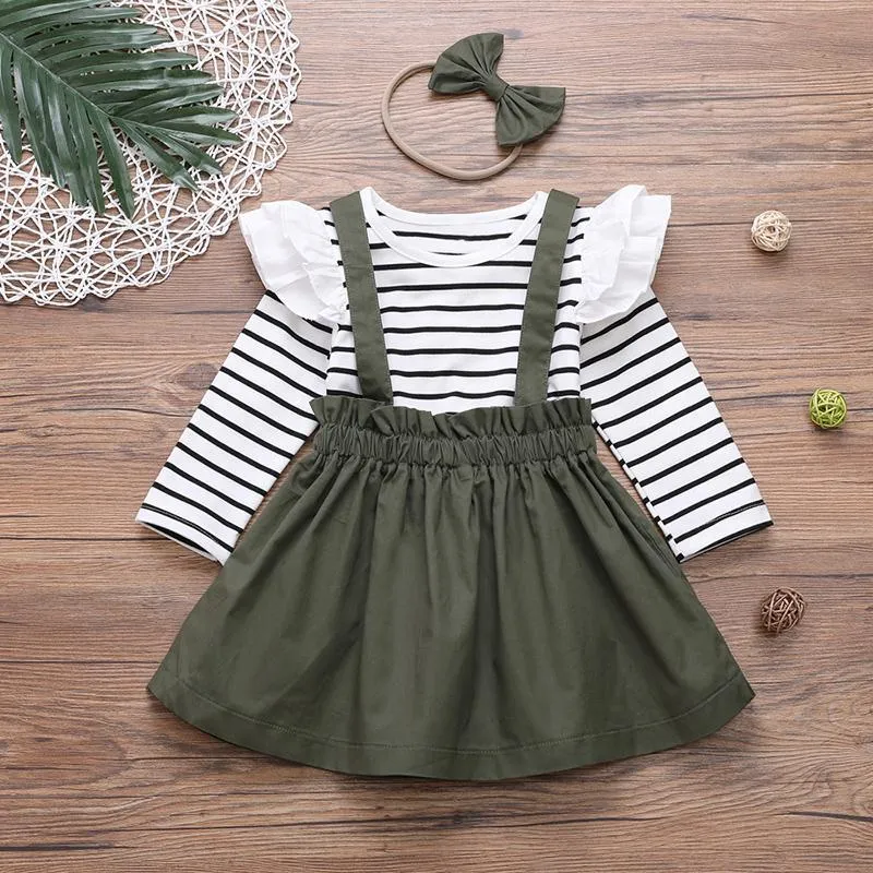 3-piece Ruffle Striped Tops & Strap Dresses & Headband for Toddler Girl