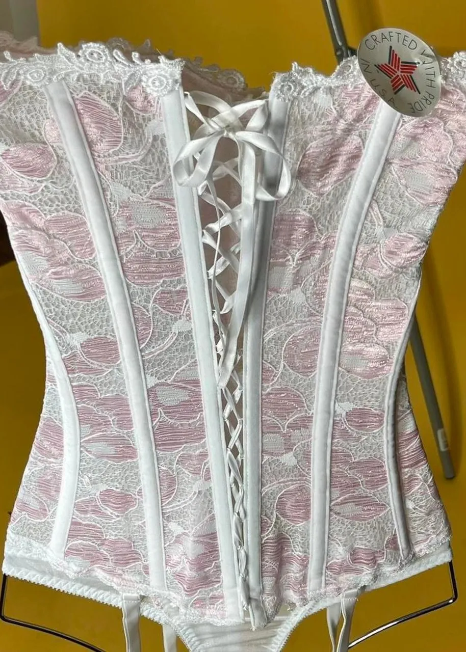 90s Medium Plunge Coquette White Lace-Up Strapless Corset Top | Sexy Ballet-Core,  Pink