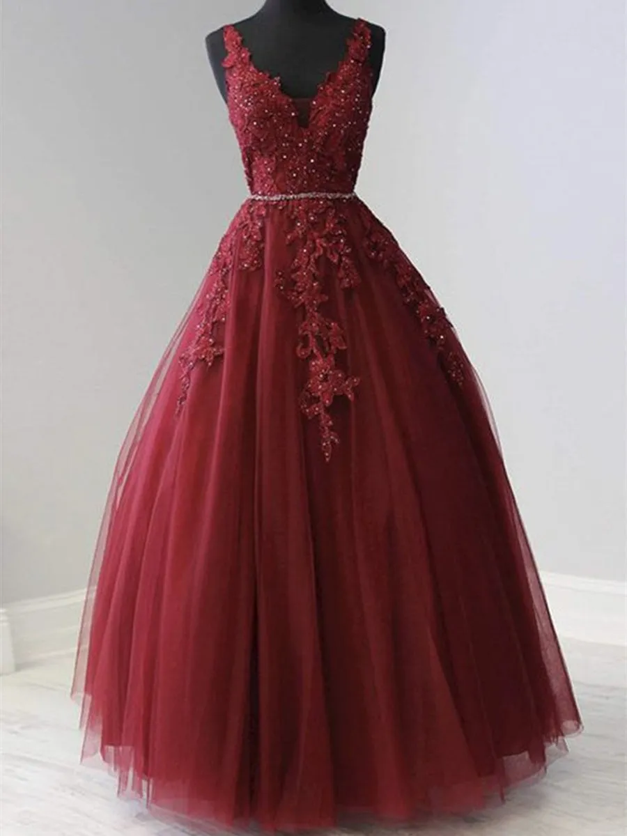 A Line V Neck Burgundy Lace Long Prom, Burgundy Lace Formal Graduation Evening