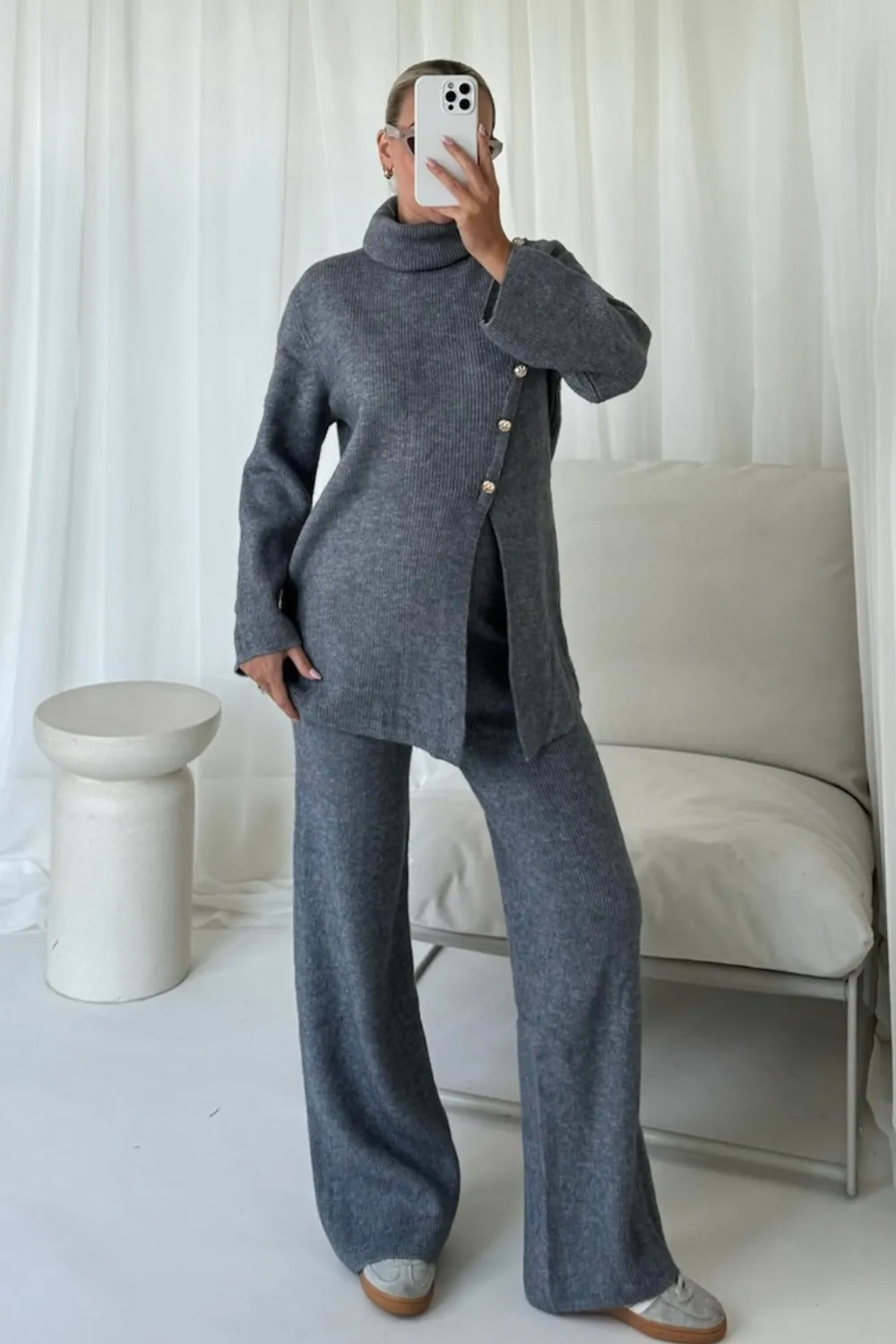 Arabella grey button up sweater straight leg knitted loungewear