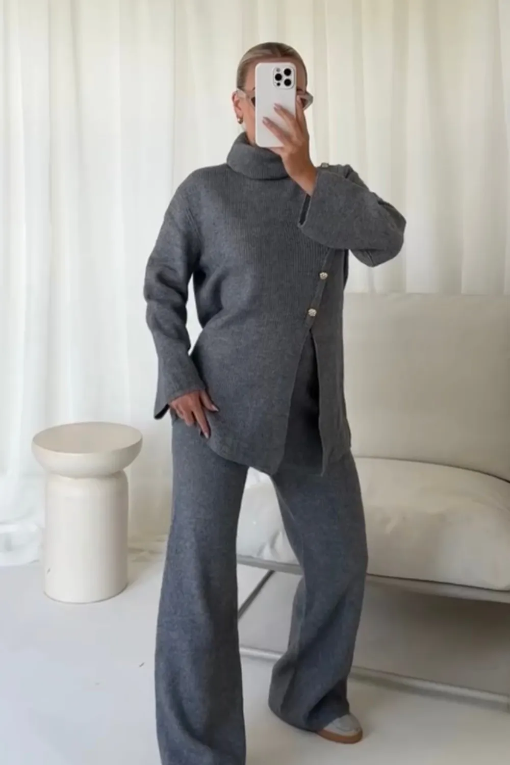 Arabella grey button up sweater straight leg knitted loungewear