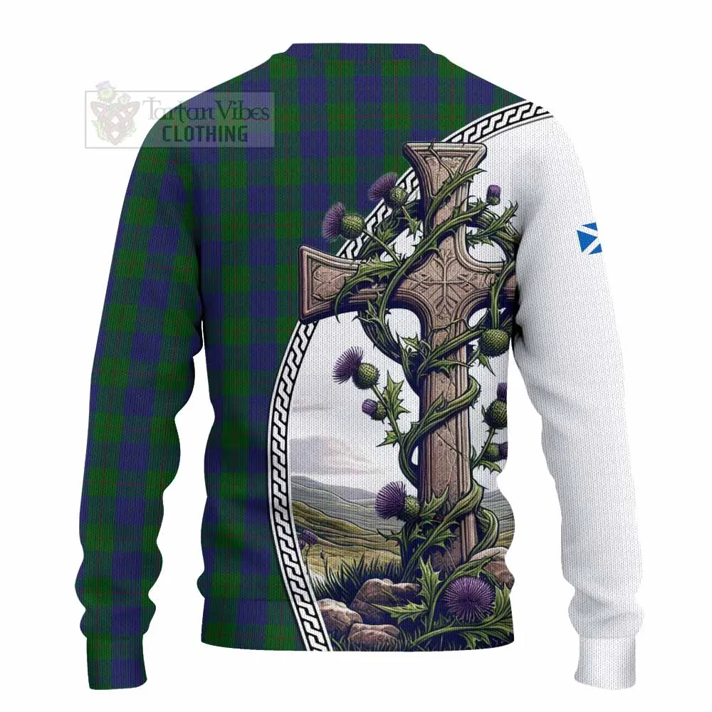 Barclay Tartan Knitted Sweater with Family Crest and St. Andrew's Cross Accented by Thistle Vines