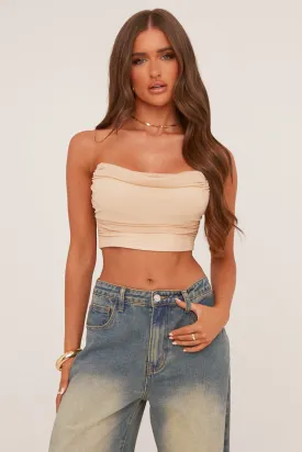 Beige Cowl Neck Corset Detail Cropped Top - Immy