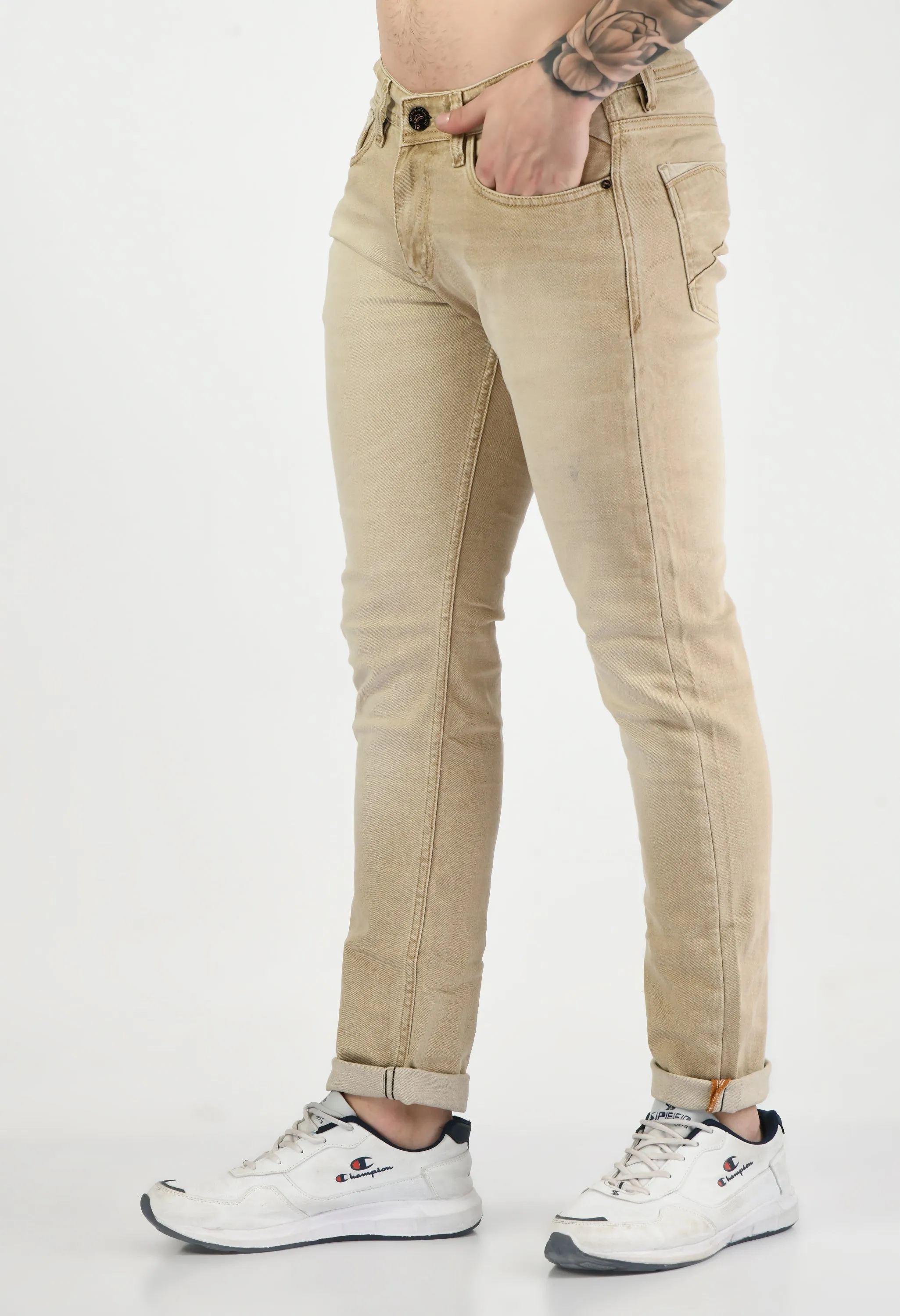 Beige Denim Slim Fit Jeans for Men