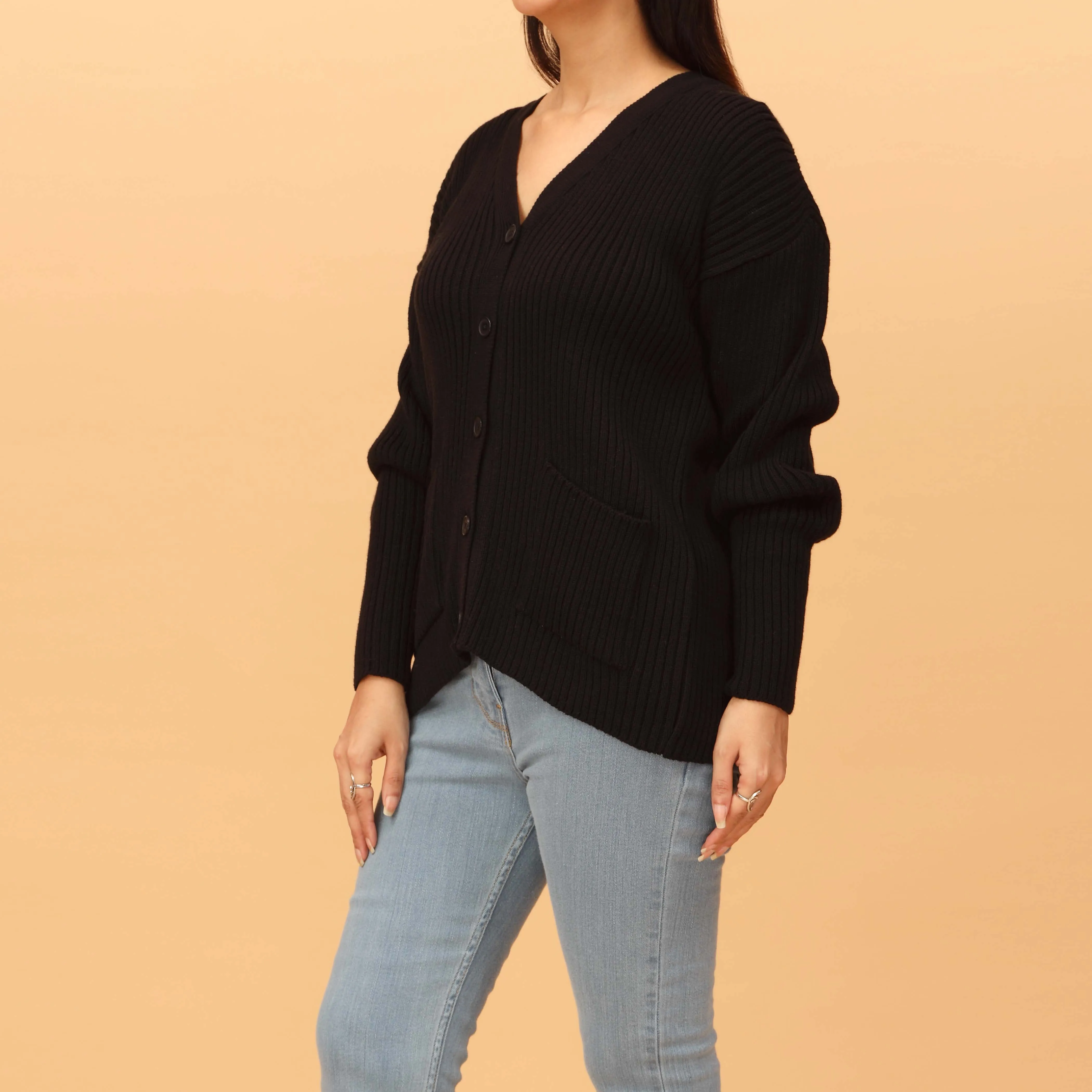 Black Plain Knitted Sweater with Pockets PW4818