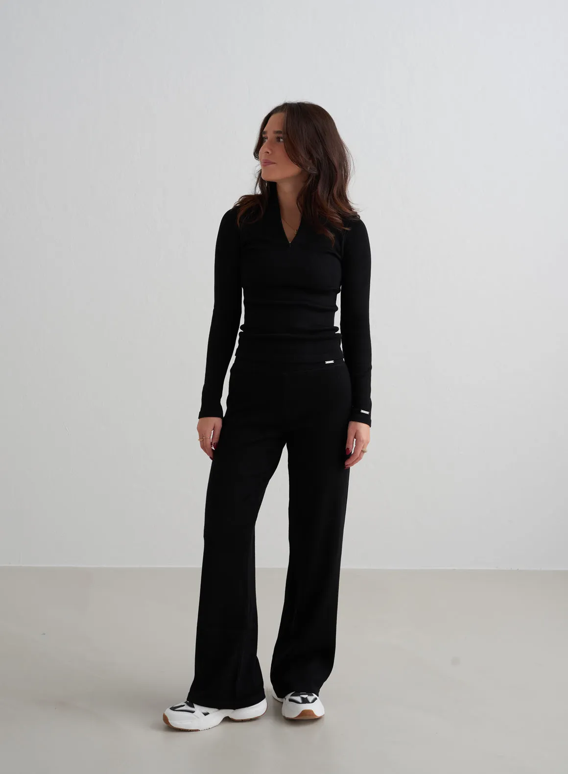 Black Ribbed Wool Petite Wide Pants