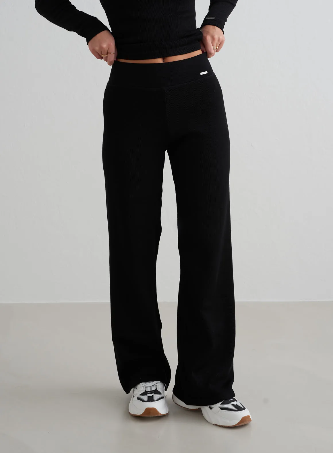 Black Ribbed Wool Petite Wide Pants