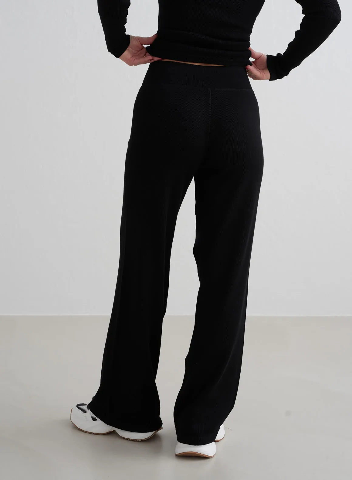 Black Ribbed Wool Petite Wide Pants