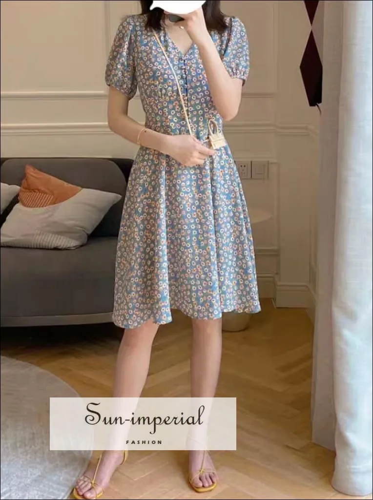 Blue Short Sleeve V-neck Floral Print Tie Waist Mini Dress