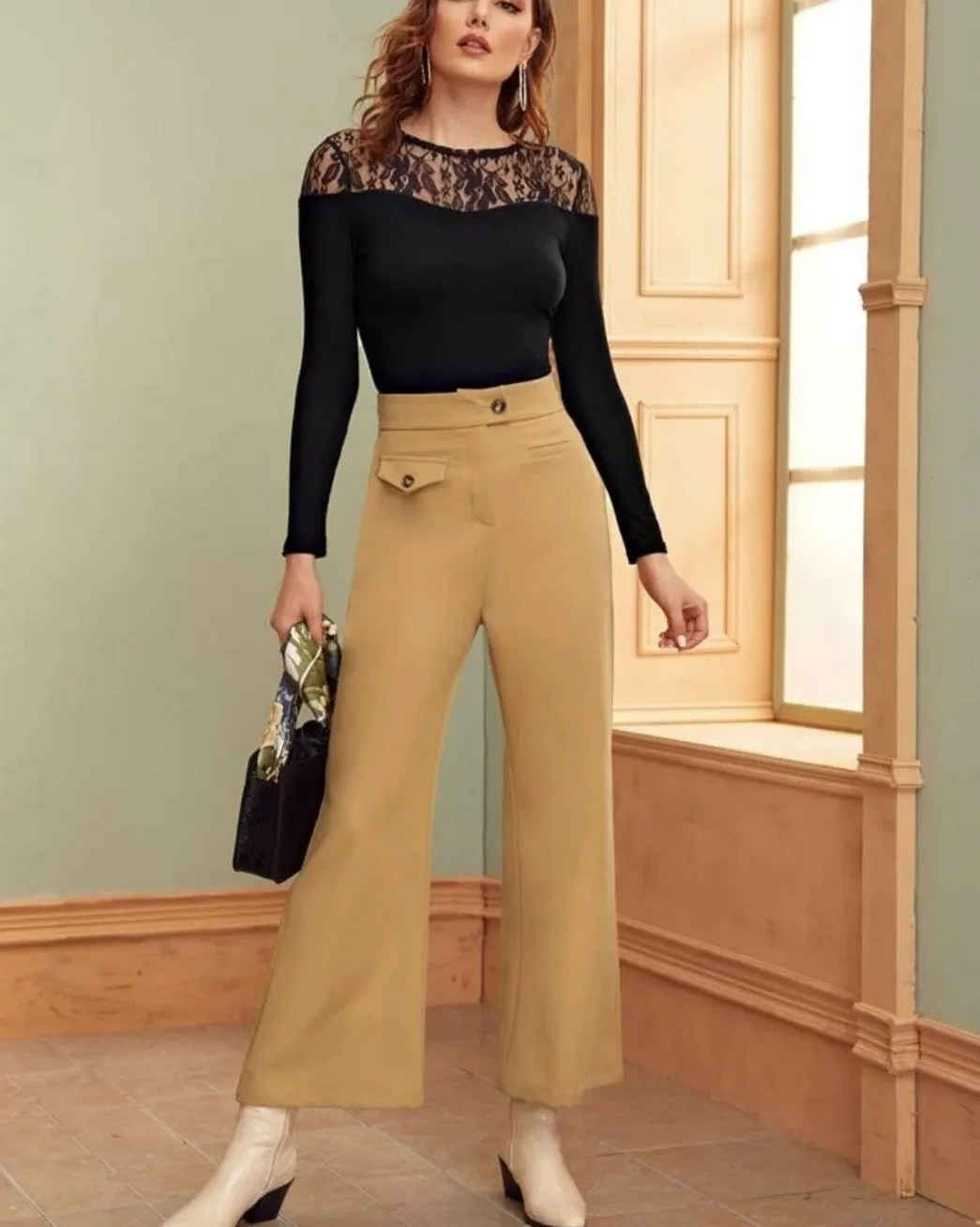 Button Detail Wide Leg Pants