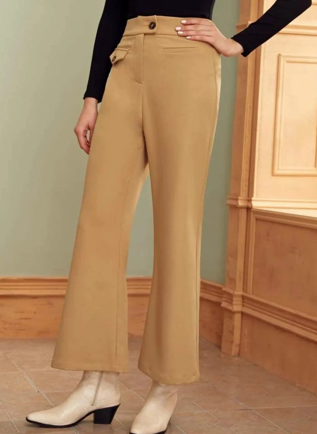 Button Detail Wide Leg Pants