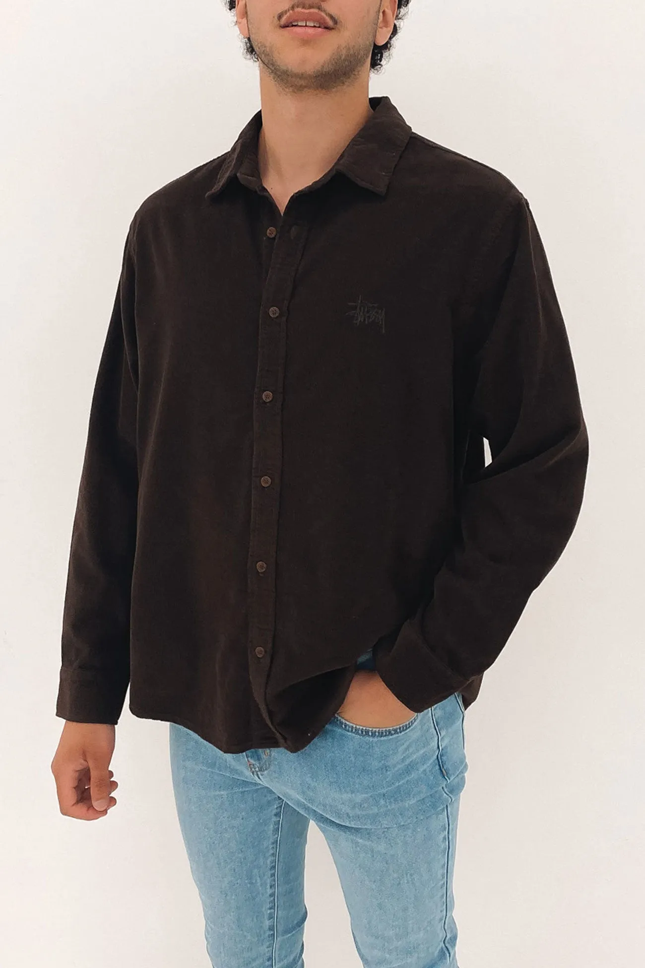 Button Up Cord Long Sleeve Shirt Brown