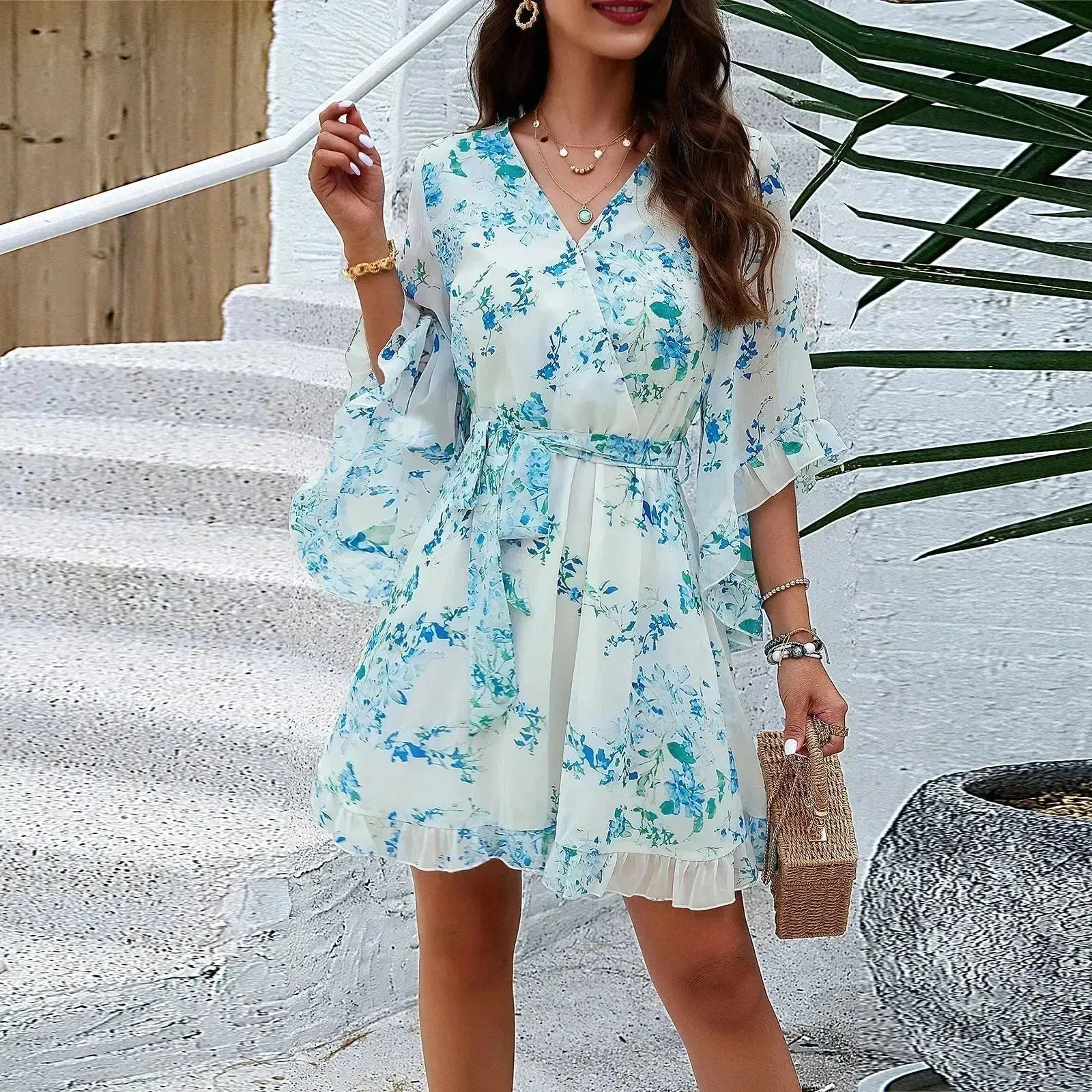 Casual Summer Chiffon Floral Print Short Sleeves Dress Lace Up Ruffles Design Fashion V-neck Short Mini Dresses Womens Clothing