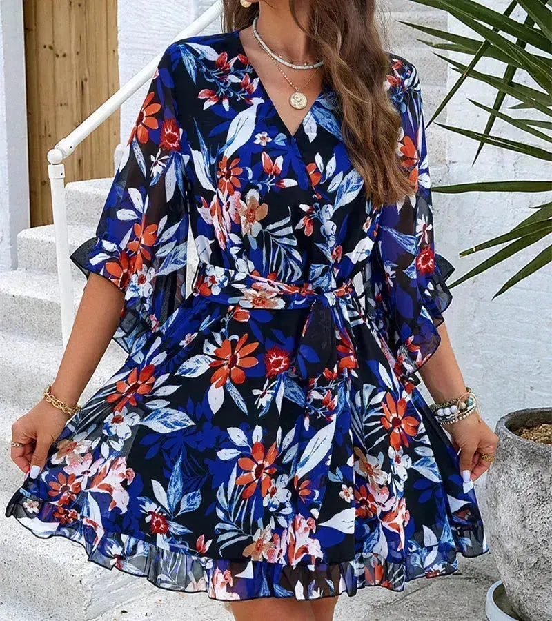 Casual Summer Chiffon Floral Print Short Sleeves Dress Lace Up Ruffles Design Fashion V-neck Short Mini Dresses Womens Clothing