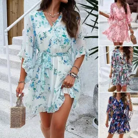 Casual Summer Chiffon Floral Print Short Sleeves Dress Lace Up Ruffles Design Fashion V-neck Short Mini Dresses Womens Clothing