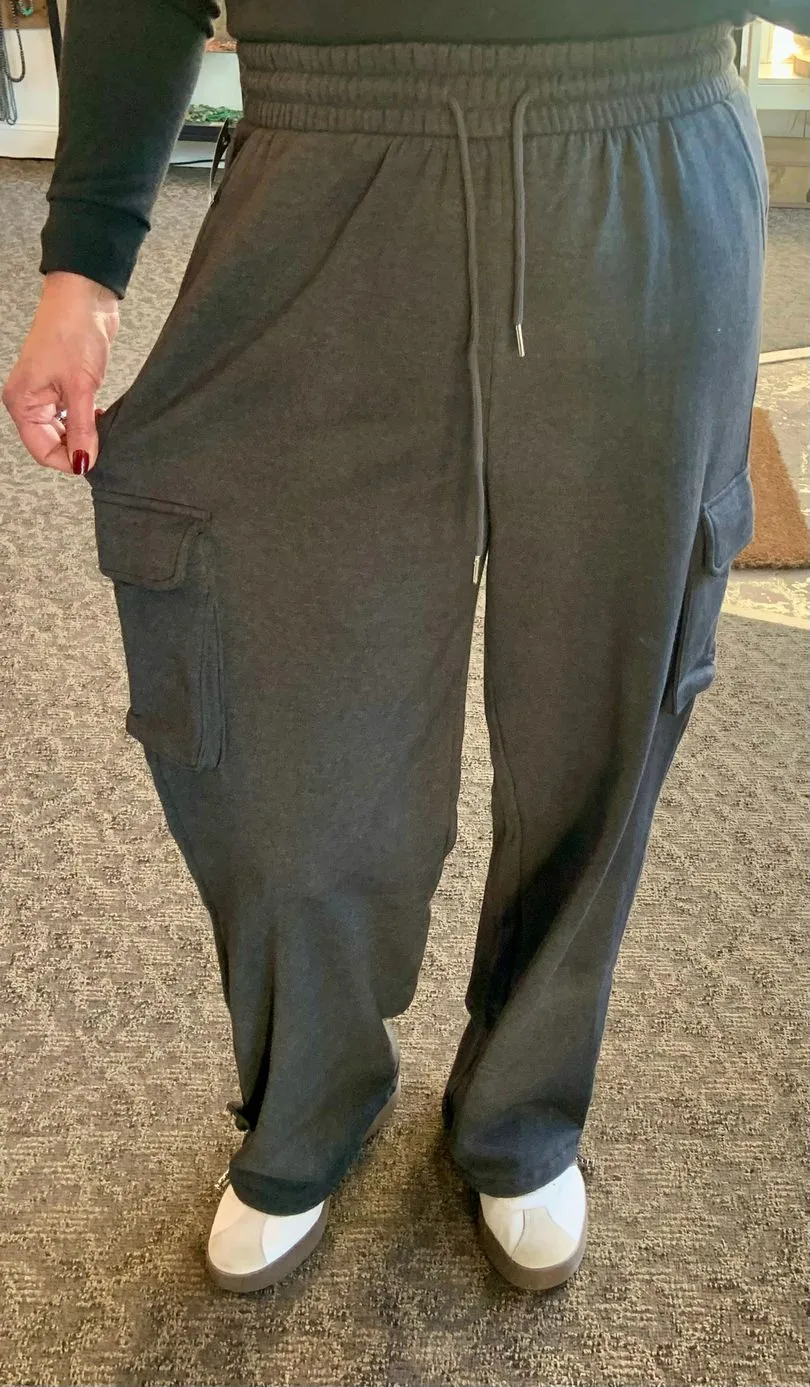 Charcoal Fleece Cargo Wide Leg Sweatpants