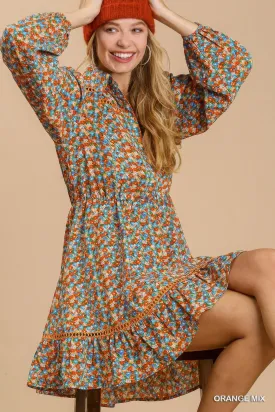 Collared neckline button down floral print dress with crochet trimmed details