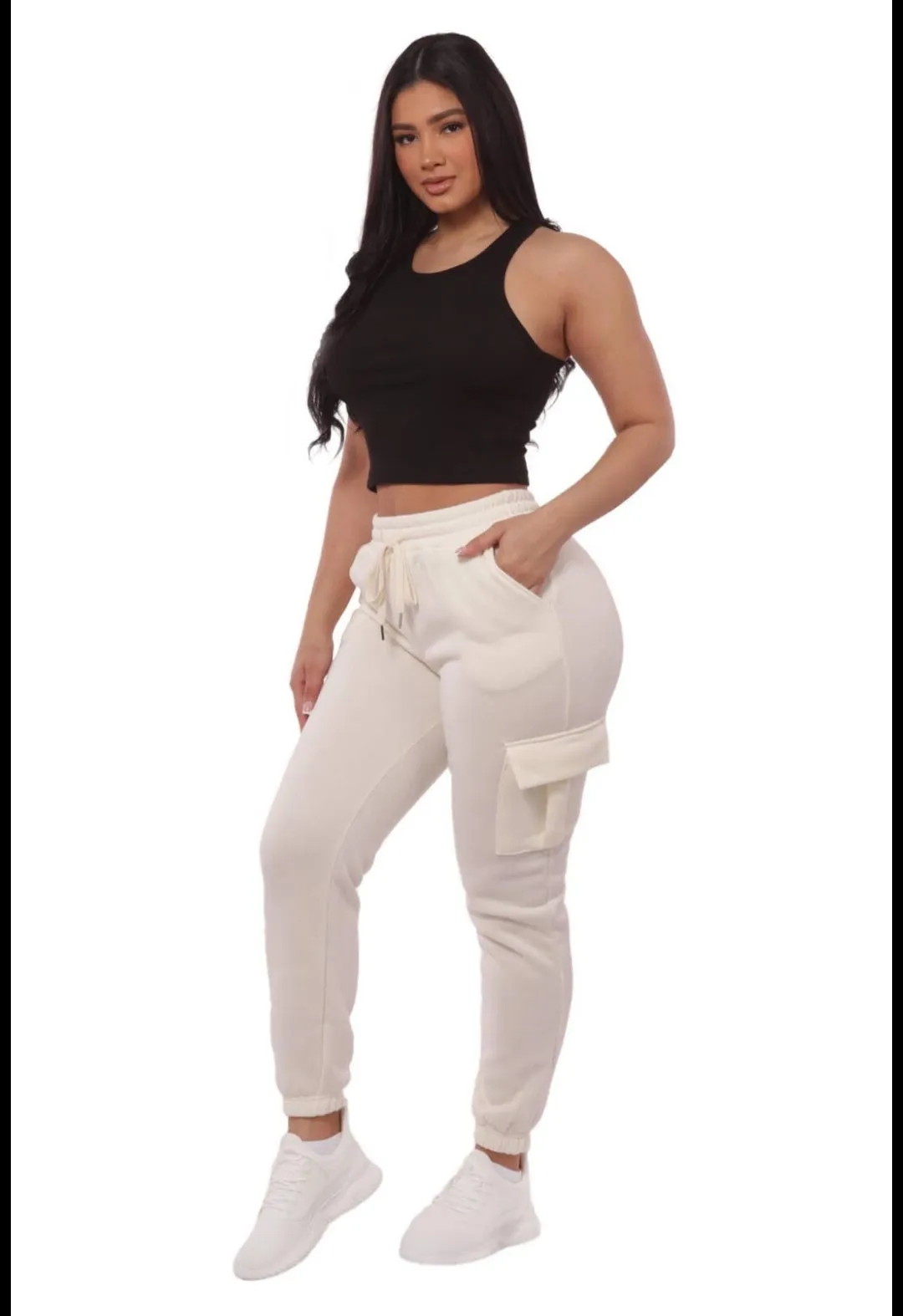 Cream Women's Fleeced Lined Cargo Sweatpants