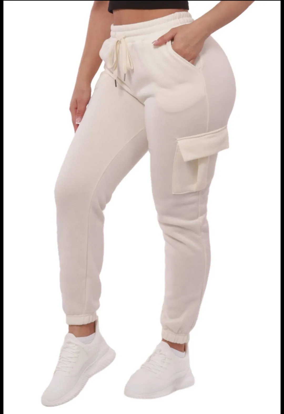 Cream Women's Fleeced Lined Cargo Sweatpants