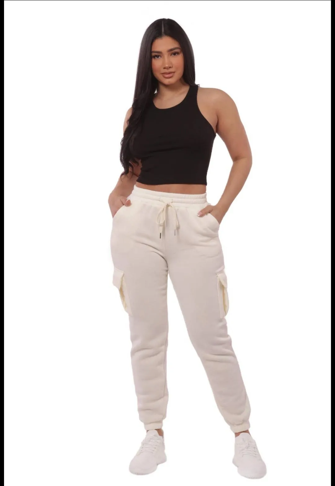 Cream Women's Fleeced Lined Cargo Sweatpants