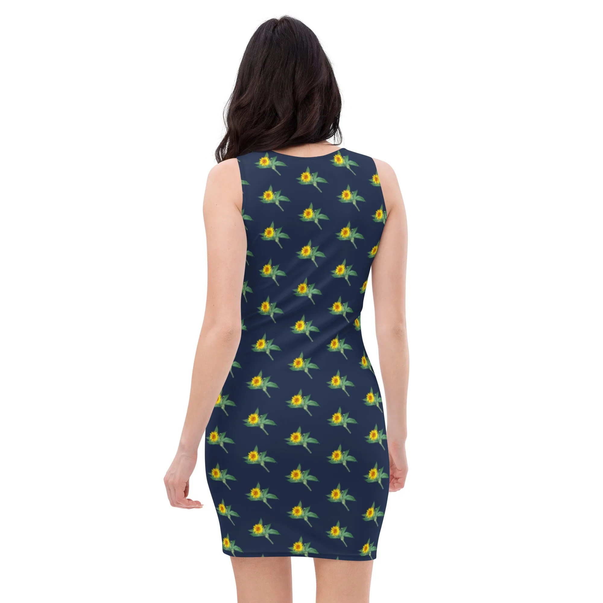 Dark Blue Sunflower Floral Dress, Sunflower Print Sleeveless Women's Dress - Made in USA/EU/MX