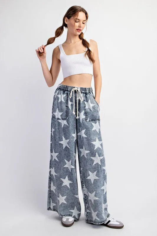 Denim Mineral Washed Star Printed Straight Leg Pants