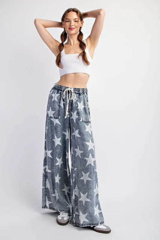 Denim Mineral Washed Star Printed Straight Leg Pants