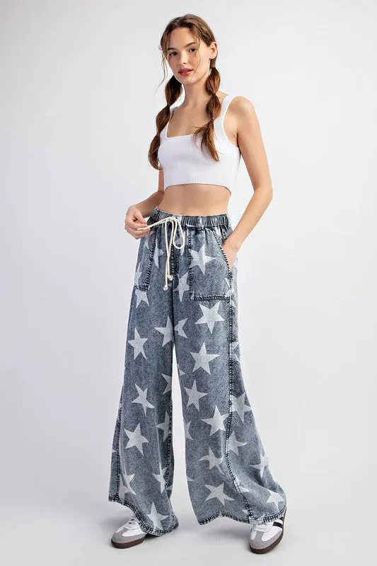 Denim Mineral Washed Star Printed Straight Leg Pants