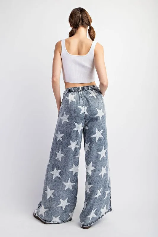 Denim Mineral Washed Star Printed Straight Leg Pants