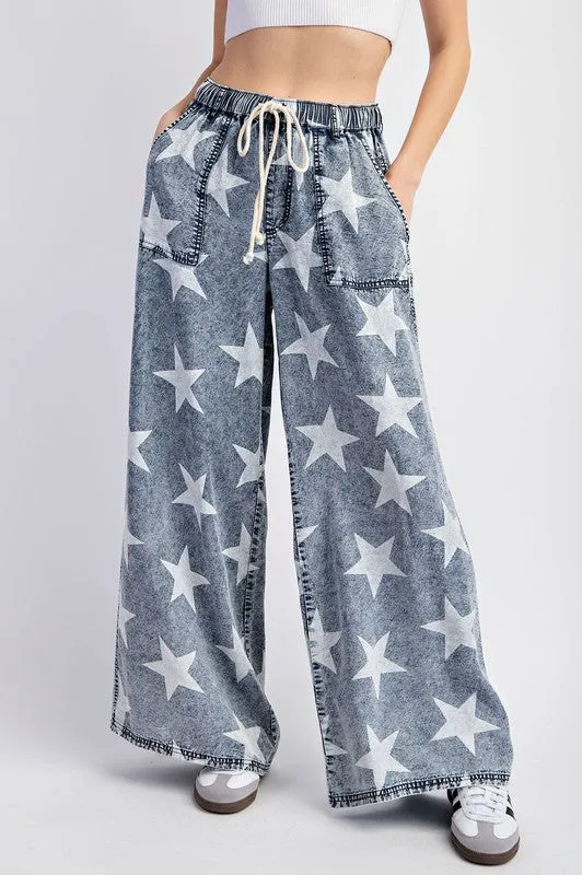 Denim Mineral Washed Star Printed Straight Leg Pants