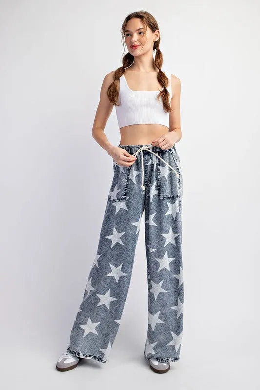 Denim Mineral Washed Star Printed Straight Leg Pants