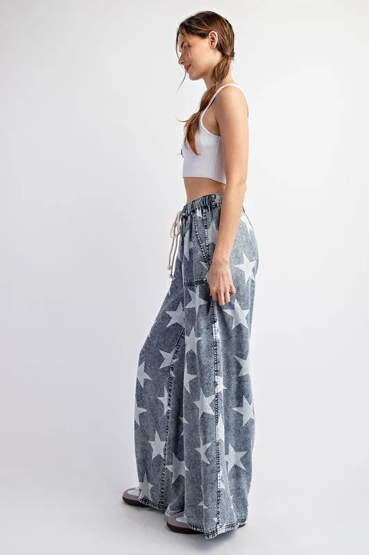 Denim Mineral Washed Star Printed Straight Leg Pants