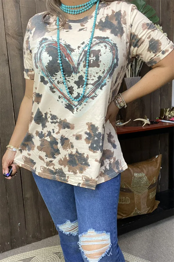 DLH13881 Leopard &heart graphic printed short sleeve women tops (BS9)