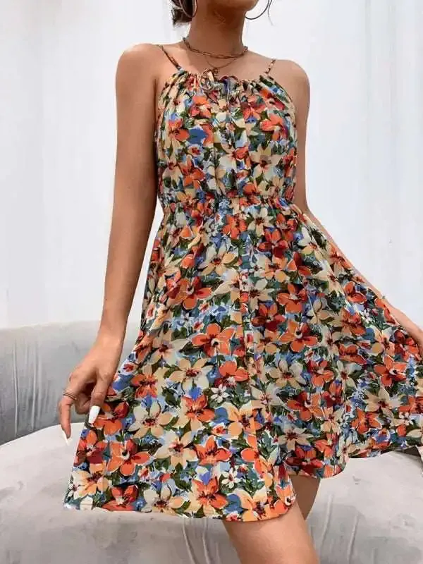 Elegant Sleeveless Dress Pullover Print Elastic Waist Suspender Skirt