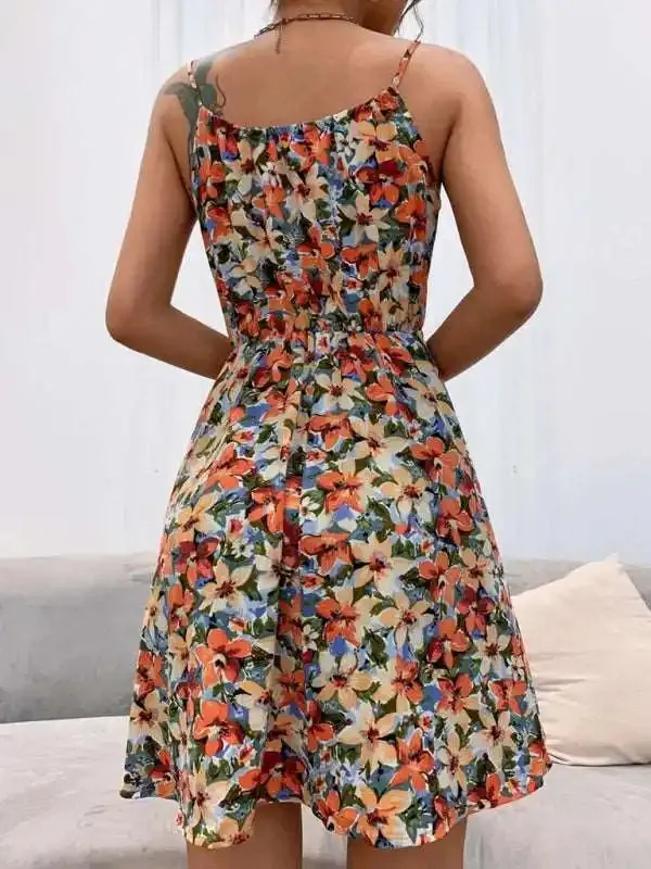 Elegant Sleeveless Dress Pullover Print Elastic Waist Suspender Skirt