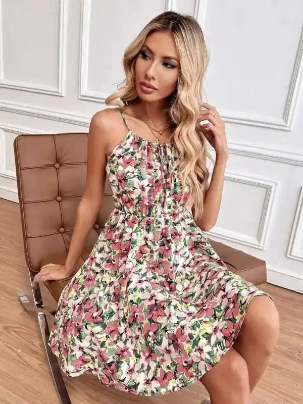 Elegant Sleeveless Dress Pullover Print Elastic Waist Suspender Skirt