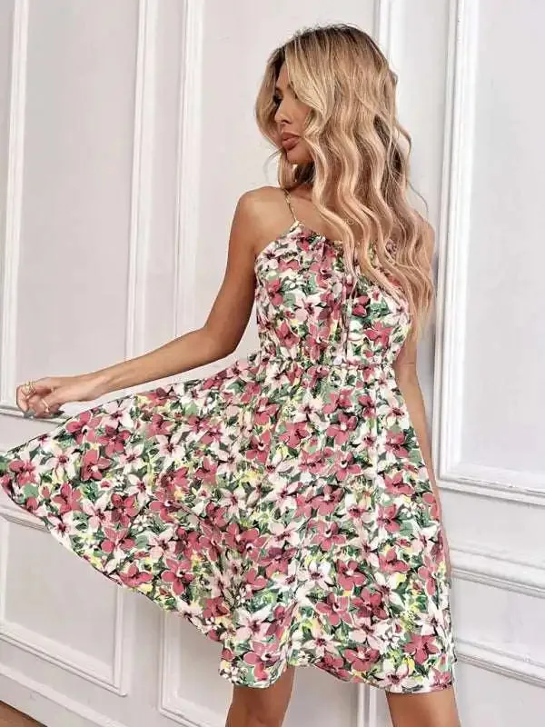 Elegant Sleeveless Dress Pullover Print Elastic Waist Suspender Skirt