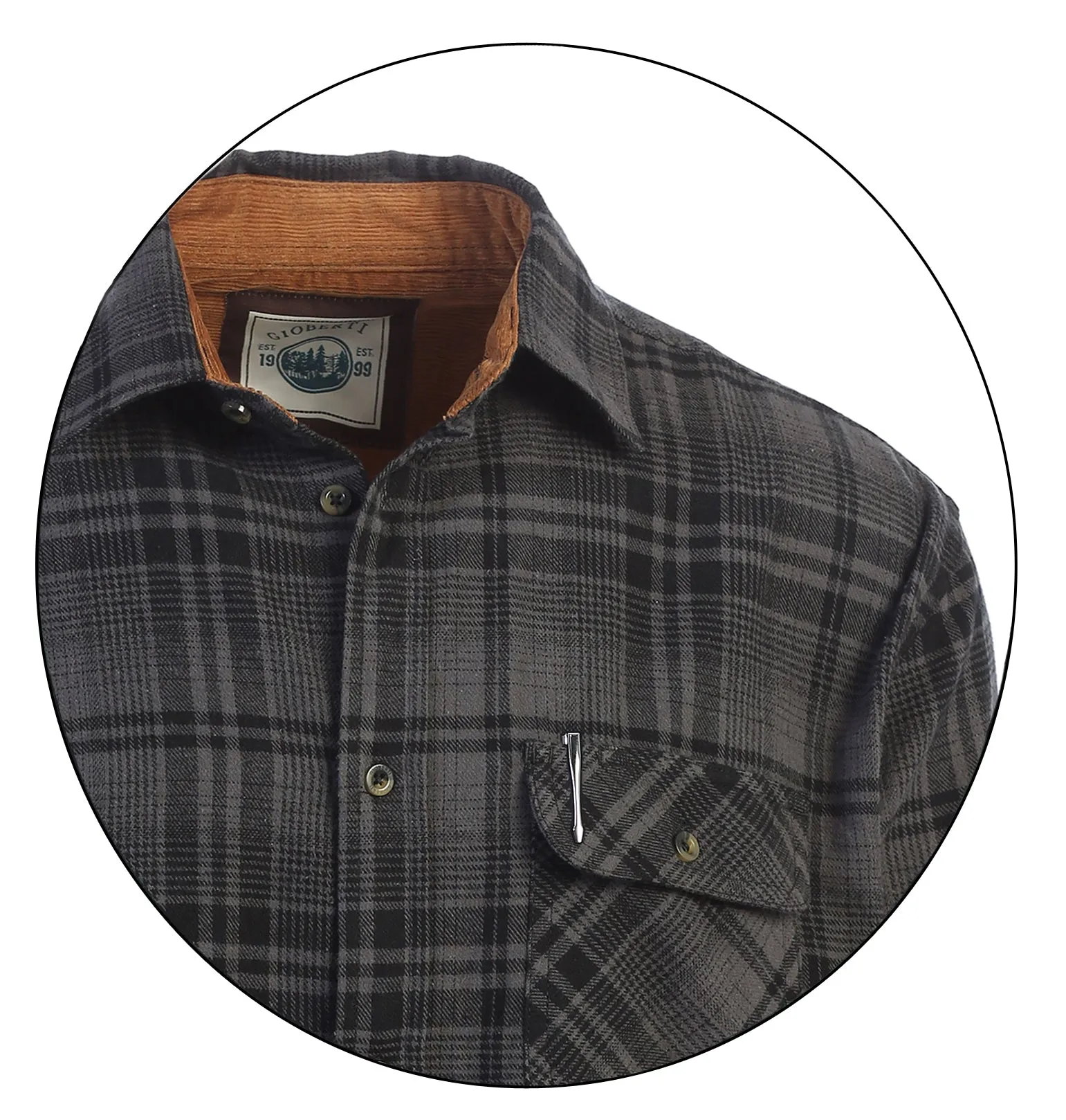 Gioberti Men's Gray / Black 100% Cotton Brushed Flannel Plaid Checkered Shirt with Corduroy Contrast