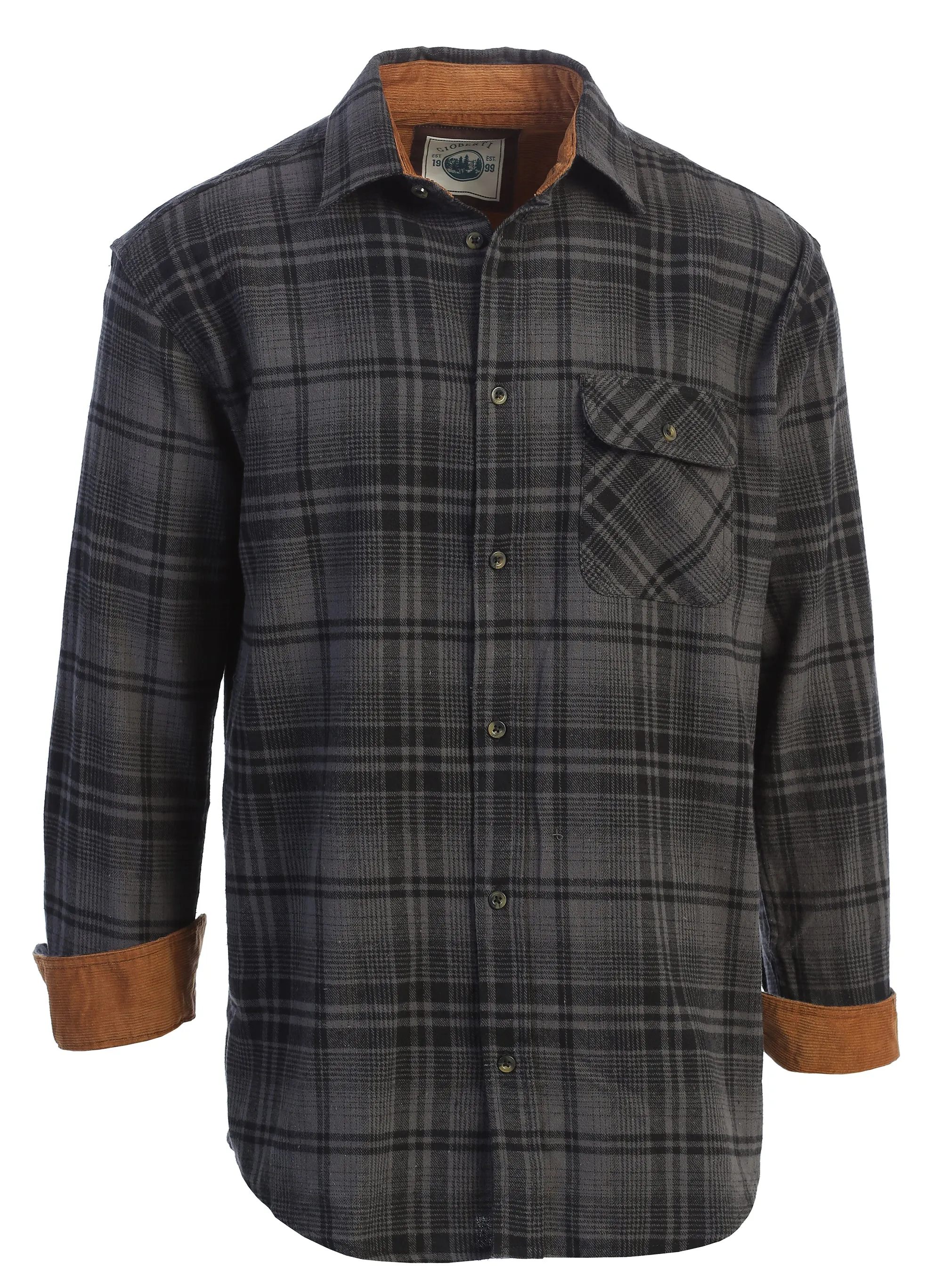 Gioberti Men's Gray / Black 100% Cotton Brushed Flannel Plaid Checkered Shirt with Corduroy Contrast