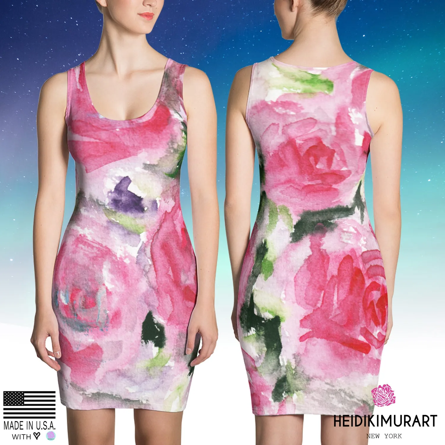 Girlie Pink Rose Floral Dress, Flower Print Women's Premium Quality Long Sleeveless Dress - Made in USA