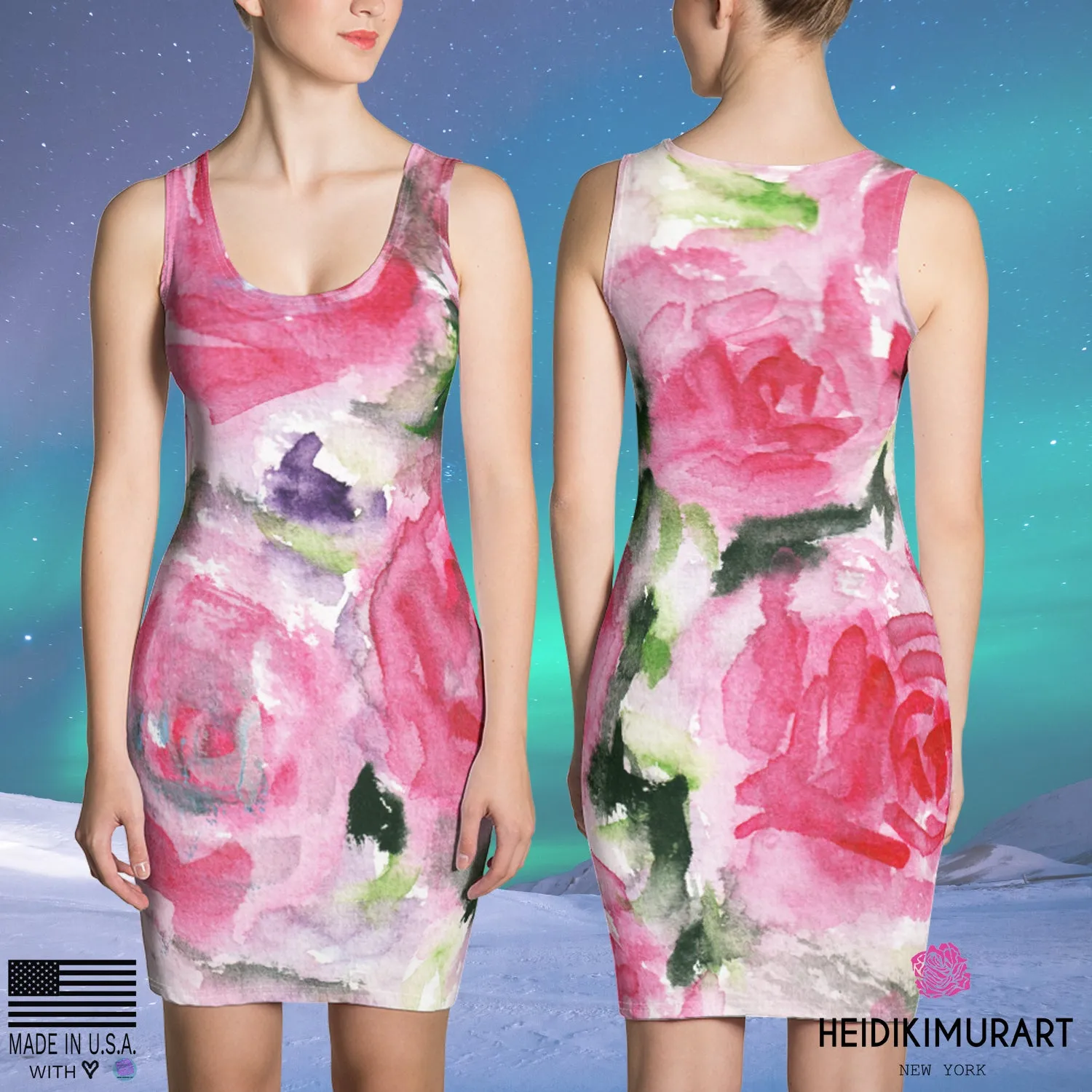 Girlie Pink Rose Floral Dress, Flower Print Women's Premium Quality Long Sleeveless Dress - Made in USA