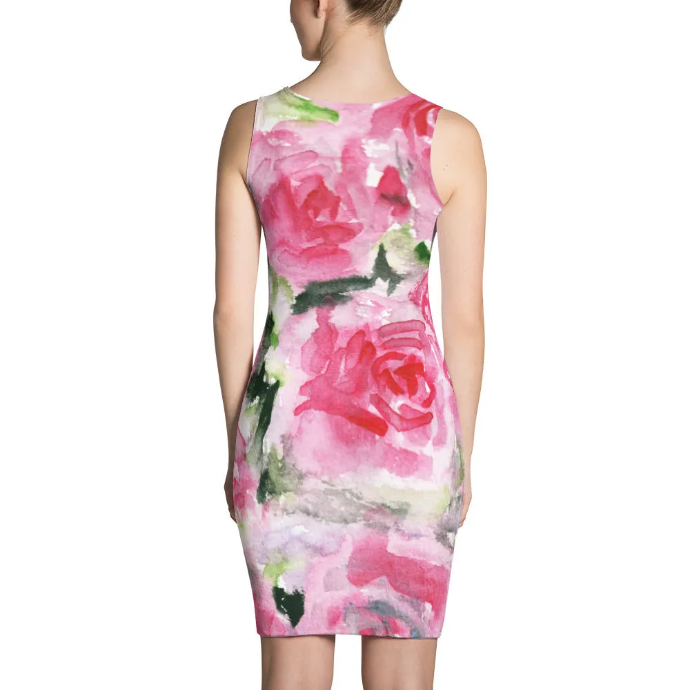 Girlie Pink Rose Floral Dress, Flower Print Women's Premium Quality Long Sleeveless Dress - Made in USA