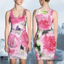 Girlie Pink Rose Floral Dress, Flower Print Women's Premium Quality Long Sleeveless Dress - Made in USA