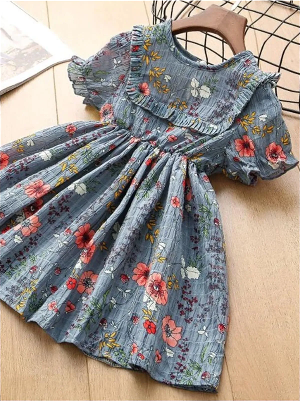 Girls Blue Short Sleeve Floral A-Line Dress