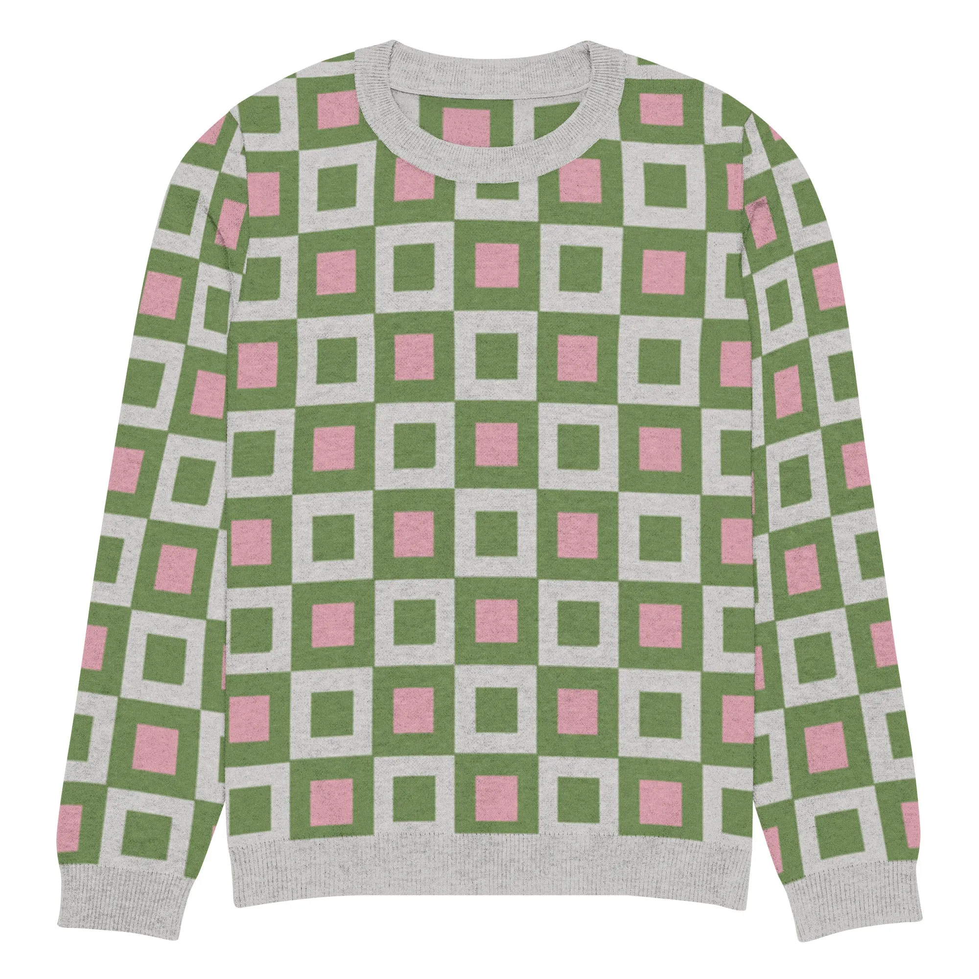 Go Blox in Green and Pink Geometric Knitted Crewneck Sweater