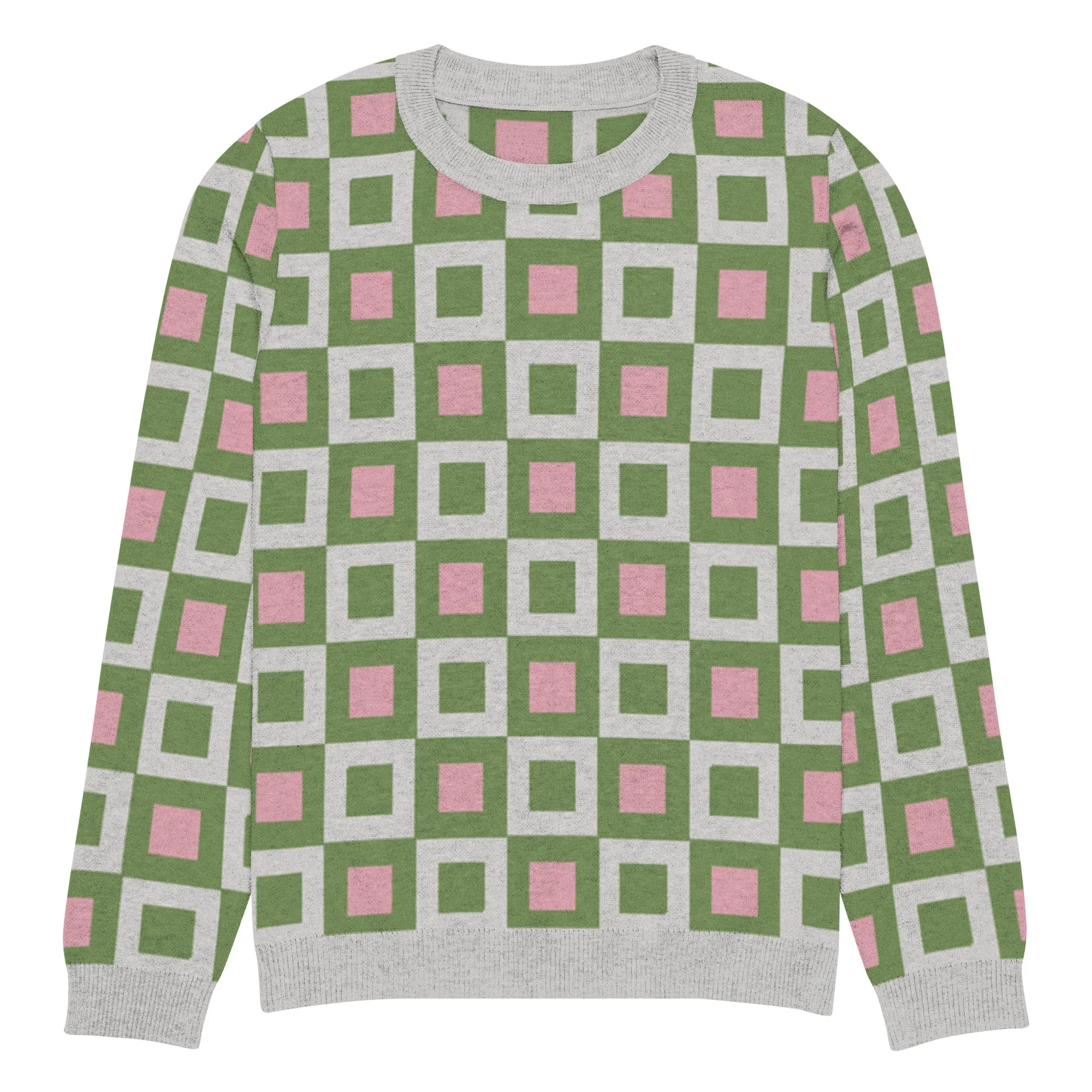 Go Blox in Green and Pink Geometric Knitted Crewneck Sweater