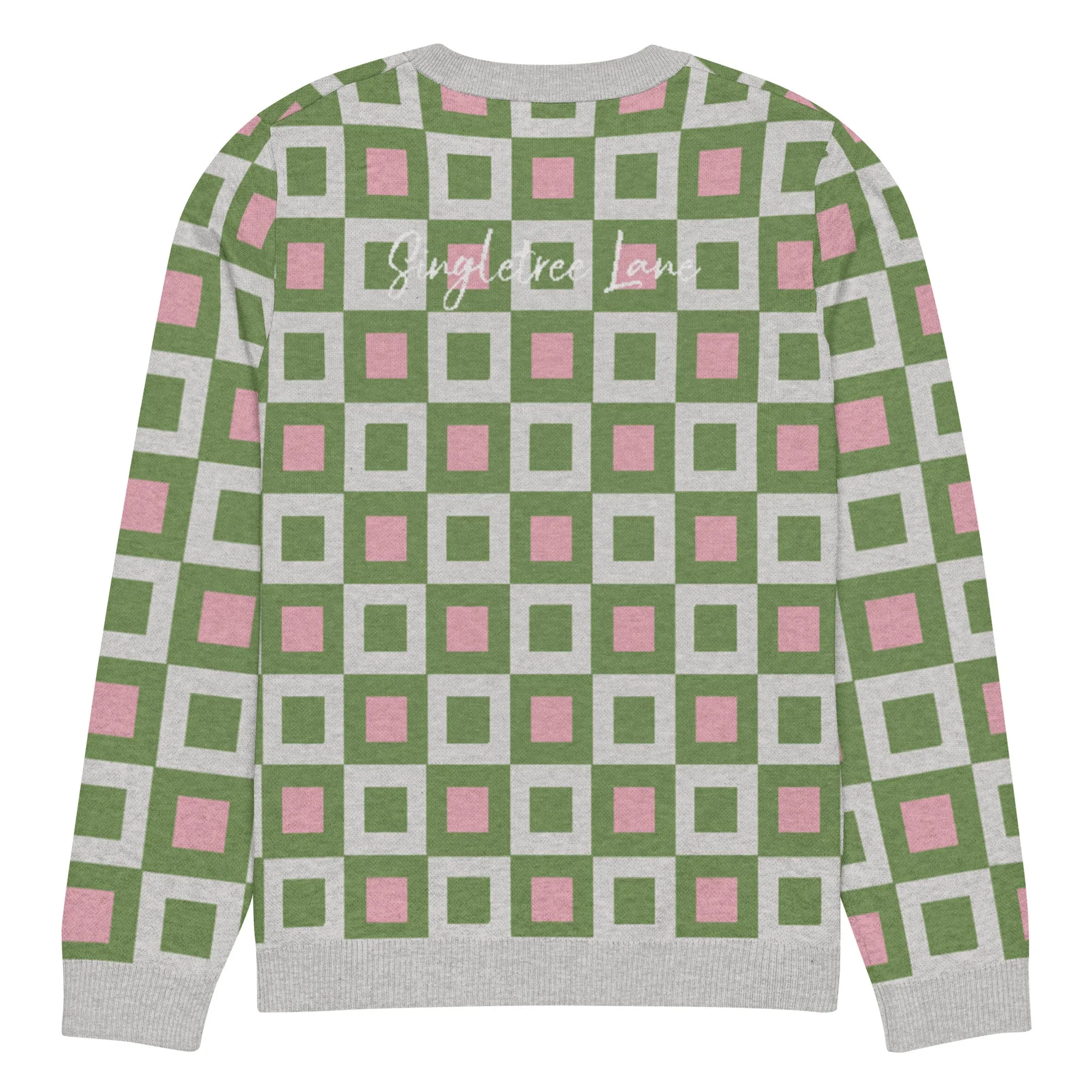 Go Blox in Green and Pink Geometric Knitted Crewneck Sweater