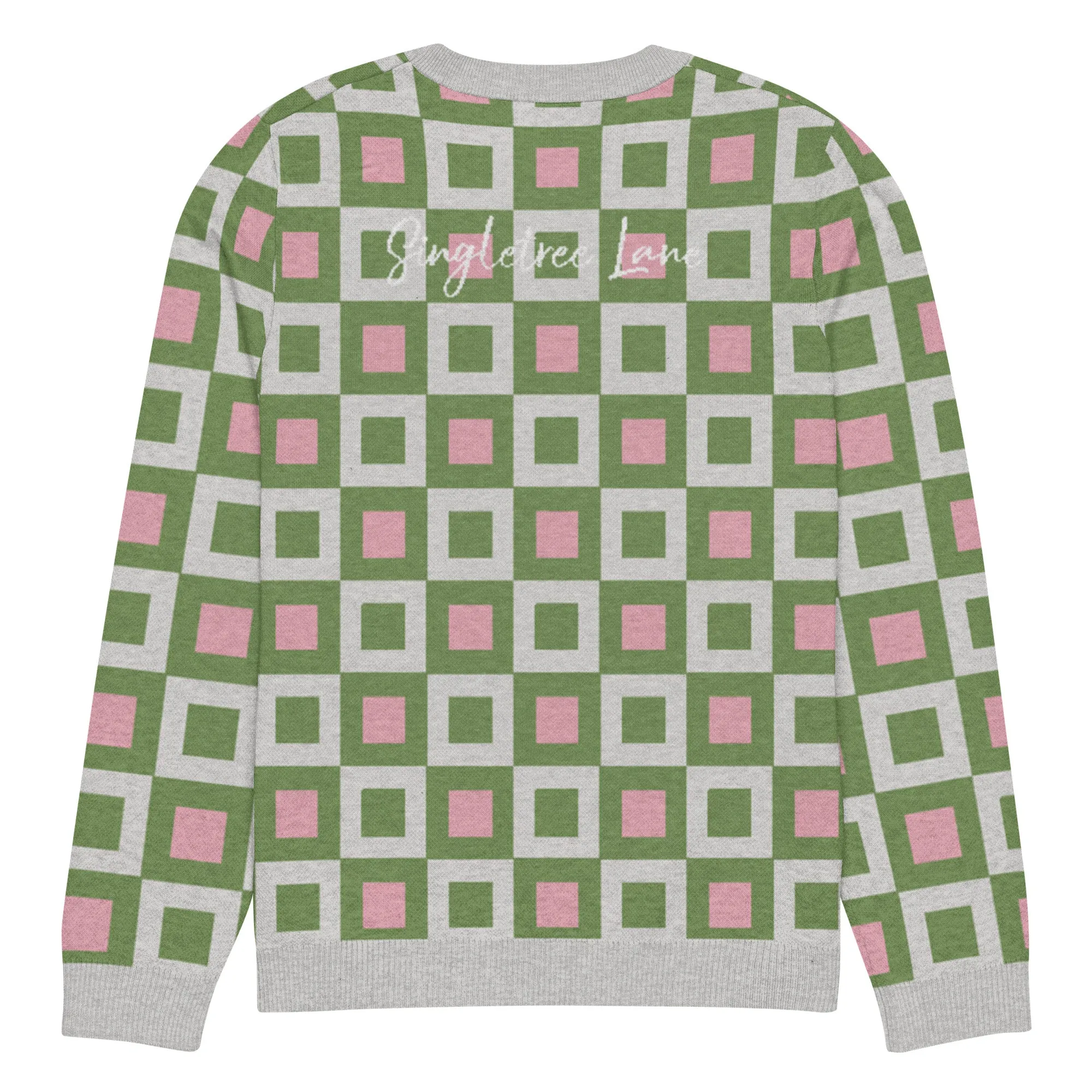 Go Blox in Green and Pink Geometric Knitted Crewneck Sweater