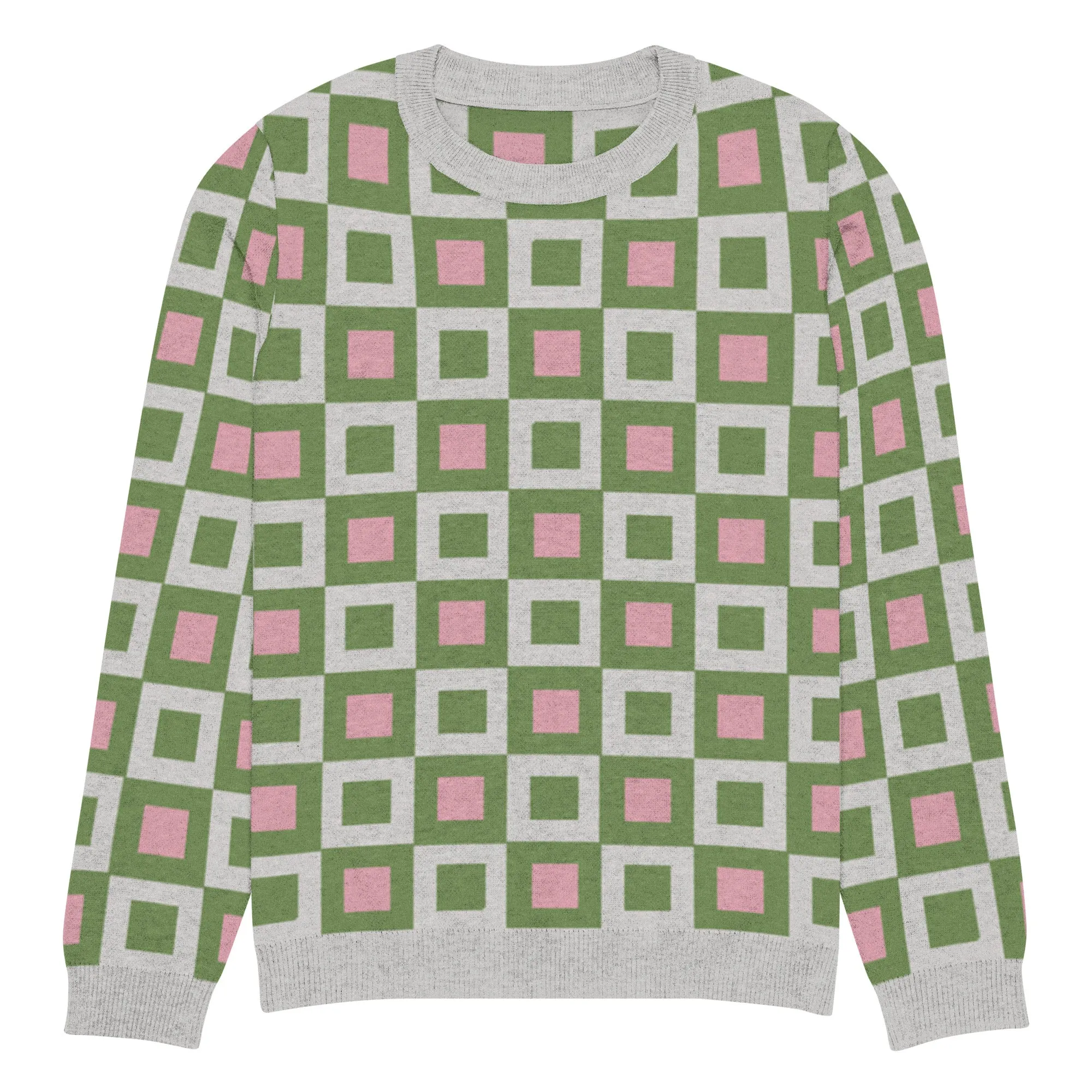 Go Blox in Green and Pink Geometric Knitted Crewneck Sweater