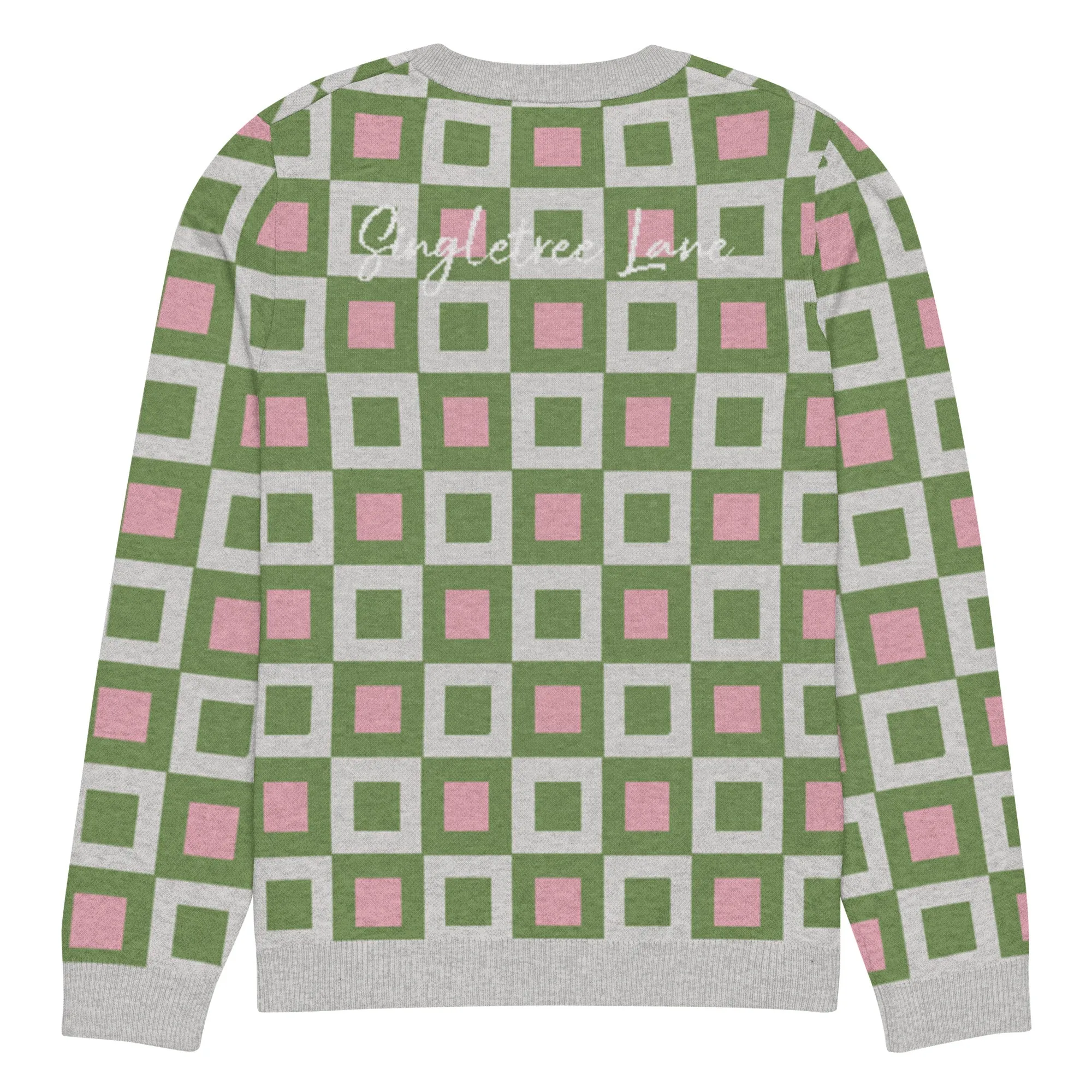 Go Blox in Green and Pink Geometric Knitted Crewneck Sweater